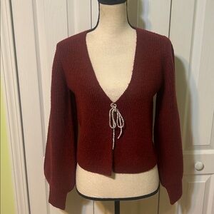 Wayf Deep Red V-Neck Sweater with Tie Detail
